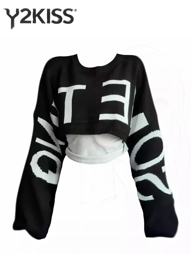 

2025 Autumn Winter Women Long Sleeve Gothic Cuddly Crop Sweater Pullovers Coquette Gyaru Jumper Dark Academia Knitwear 2000s New