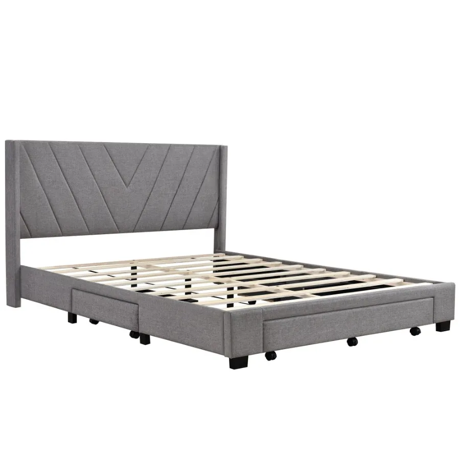 Queen Size Storage Bed Linen Upholstered Platform Bed with 3 Drawers Gray