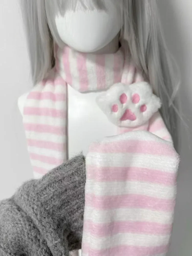 موضة مخطط الوردي لطيف وشاح جديد للنساء اليابانية الحلو القط باو مخطط التفاف وشاح امرأة دافئة الفاخرة Y2k اكسسوارات