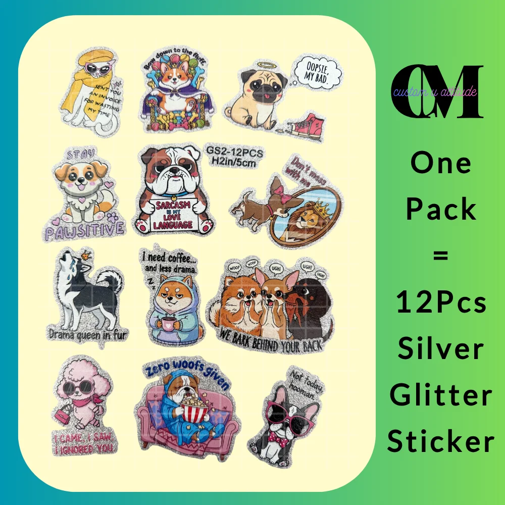 

12 шт. забавных саркастических цитат о собаках для любителей животных, золотые и серебряные блестящие УФ-наклейки DTF, сверкающие декоративные наклейки для кружек, тетрадей, поделок своими руками