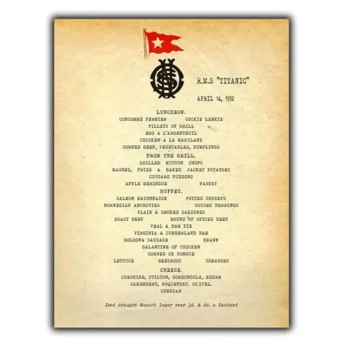 TITANIC LUNCH MENU Retro Metal Plaque/Sign, Pub, Bar, Man Cave,