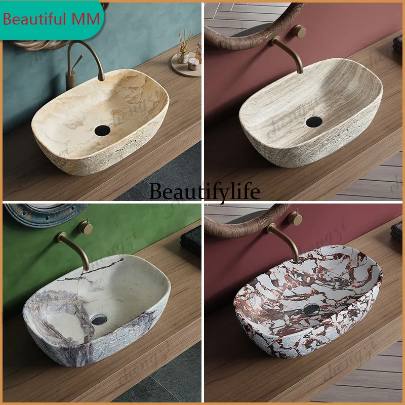 

P182 P182 Medieval wind wabi sandy wind red travertine stone platform basin column basin, wash basin hotel clubhouse
