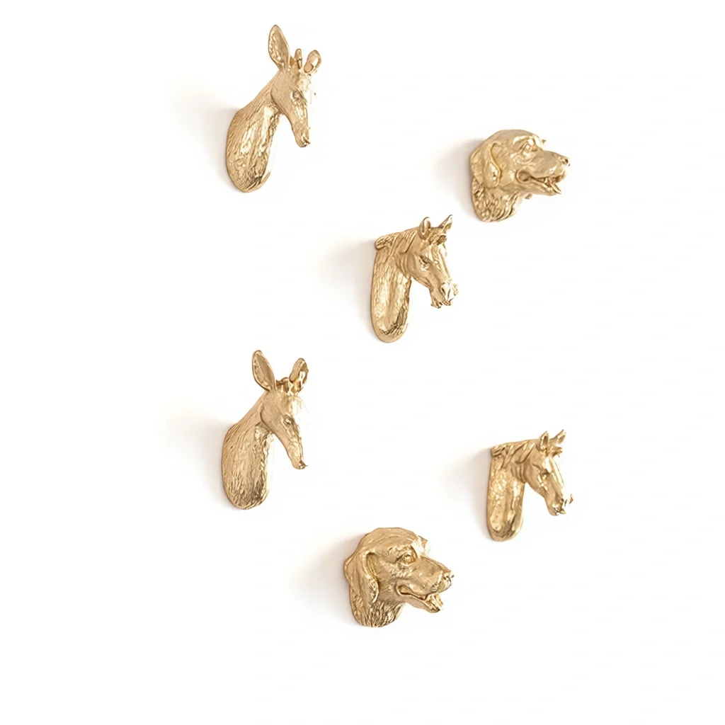 Light Luxury Brass Animal Head Wall Hooks Cabinet Handles Horse Deer Dog Shape Drawer Pulls for Wardrobe Shoe Cabinet