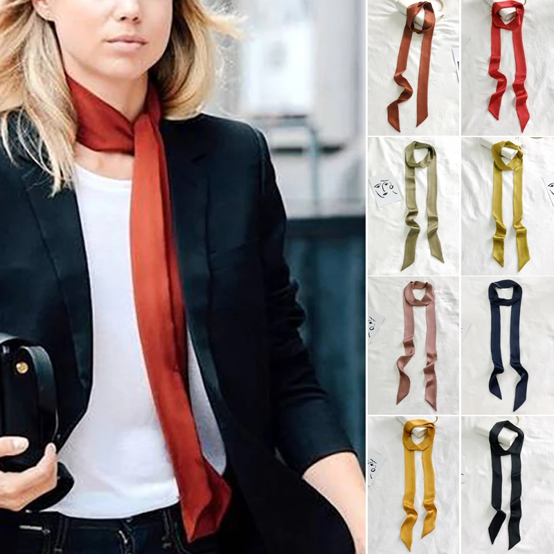 New Long Silk Skinny Scarf Head Neck Hair Band Solid Neck Scarves Bag Ribbon Headbands Satin Silk Narrow Neckerchief Headscarves