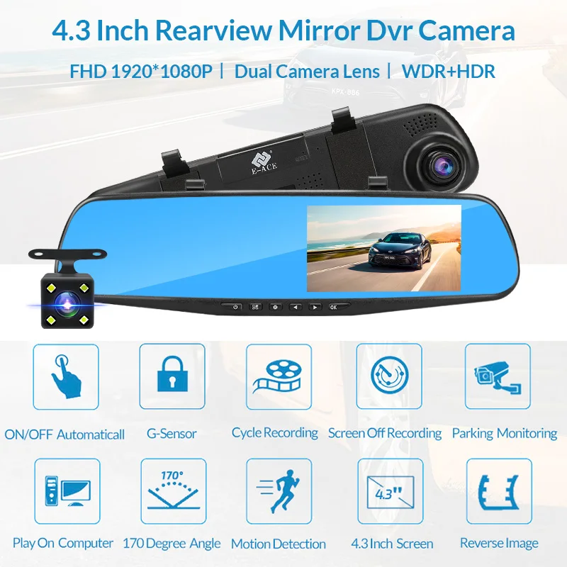 Dashcam White Mirror Dvr 4.3 Inch Dash Camera FHD 1080P Auto Registrar Support Rear View Camera Video Recorder Car Dvrs