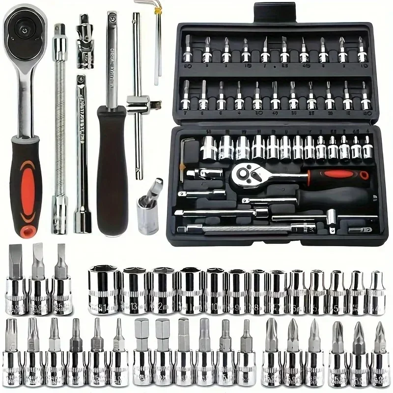 

46pcs Car Repair Tool Kit, 1/4 inch Drive Socket Ratchet Wrench Set,Combo Tools Kit Bicycle Auto Repairing Tool