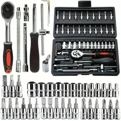 46pcs Car Repair Tool Kit, 1/4 inch Drive Socket Ratchet Wrench Set,Combo Tools Kit Bicycle Auto Repairing Tool