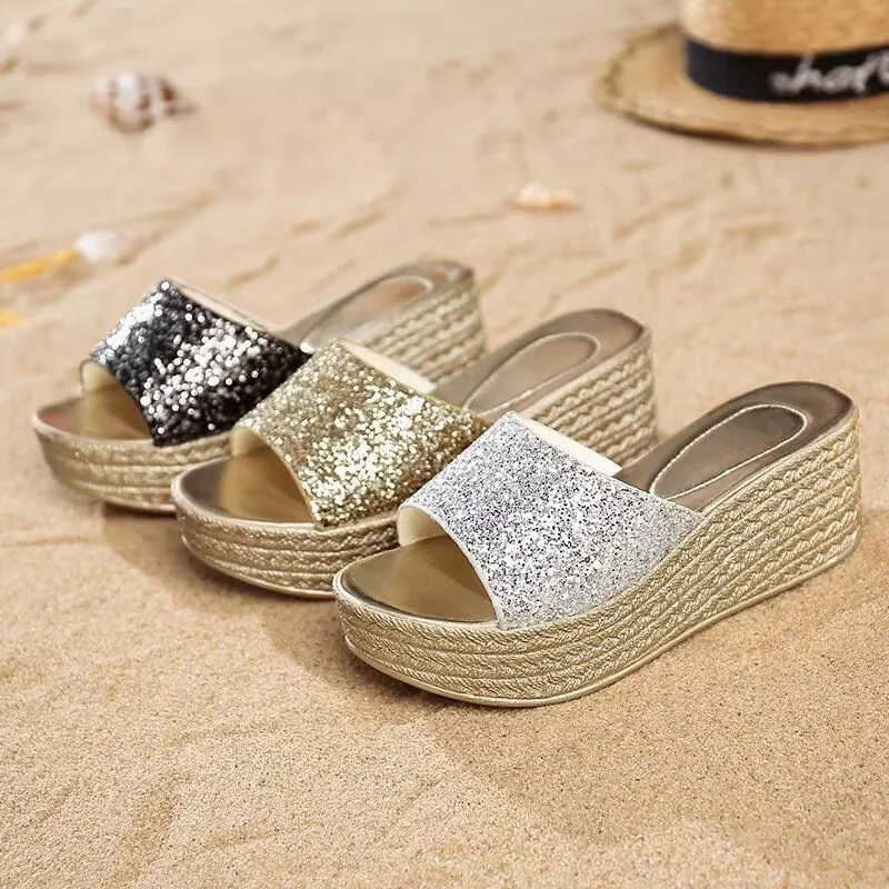 

2023 Summer High Platform Women Slipper Fashion Rhinestones Open Toe Wedges Heel Sandalias Ladies Elegant Outdoor Beach Slides