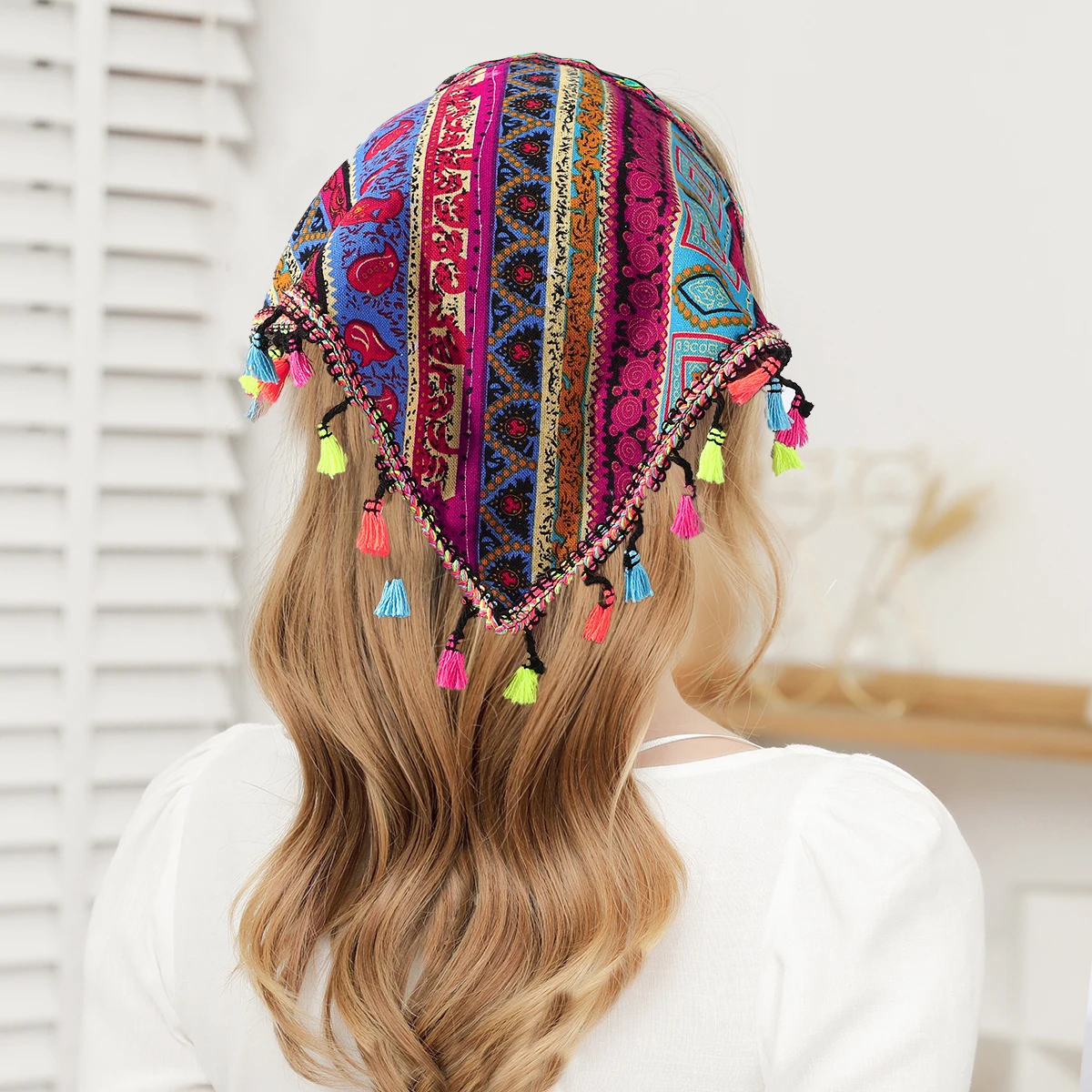 Haimeikang Bohemia opaska na głowę opaski do włosów Turban szalik do włosów letni nadruk Fringe trójkątna chustka moda damska akcesoria do włosów