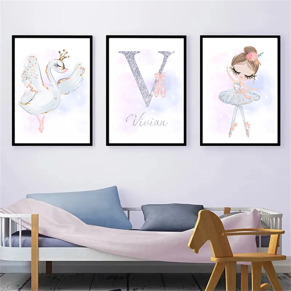 Baby Girl Custom Name Art Canvas Print Ballet Poster Swan Wall Art Nursery Posters Painting Nordic Wall Pictures Kids Room Decor