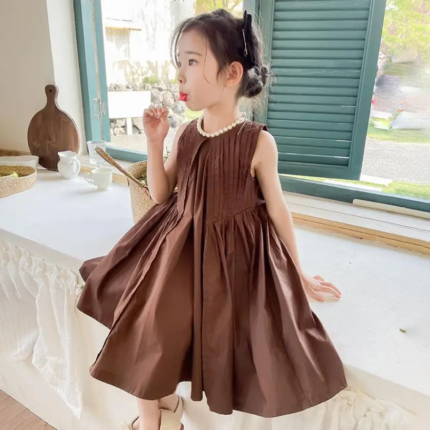 Children Dress 2023 Summer New Korean Fashion Sleeveless Girl's Dress 3-16 Years Kids Princess Coffee Dress Wz1109