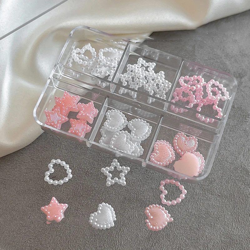 

6 Grid Mixed Pearl Heart Nail Rhinestones 3D Love Heart Star Nail Charms For Nail Art Manicure Jewelry Accessories