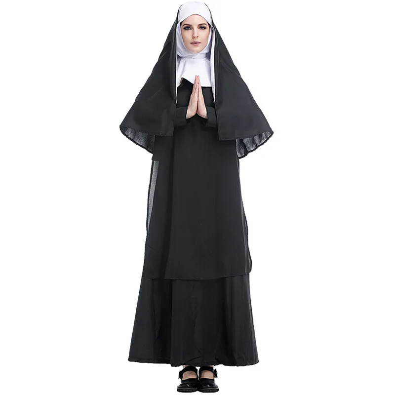 Trajes medievales negros para hombres y mujeres, disfraces de Cosplay de monja de Jesús, trajes religiosos, sacerdote, Drama, clero, vestido de carnaval de lujo para adultos