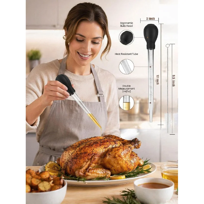 Turkey Baster set includes a cleaning brush, a drip oil tube for grilling, a turkey baking pan and a grilling injector