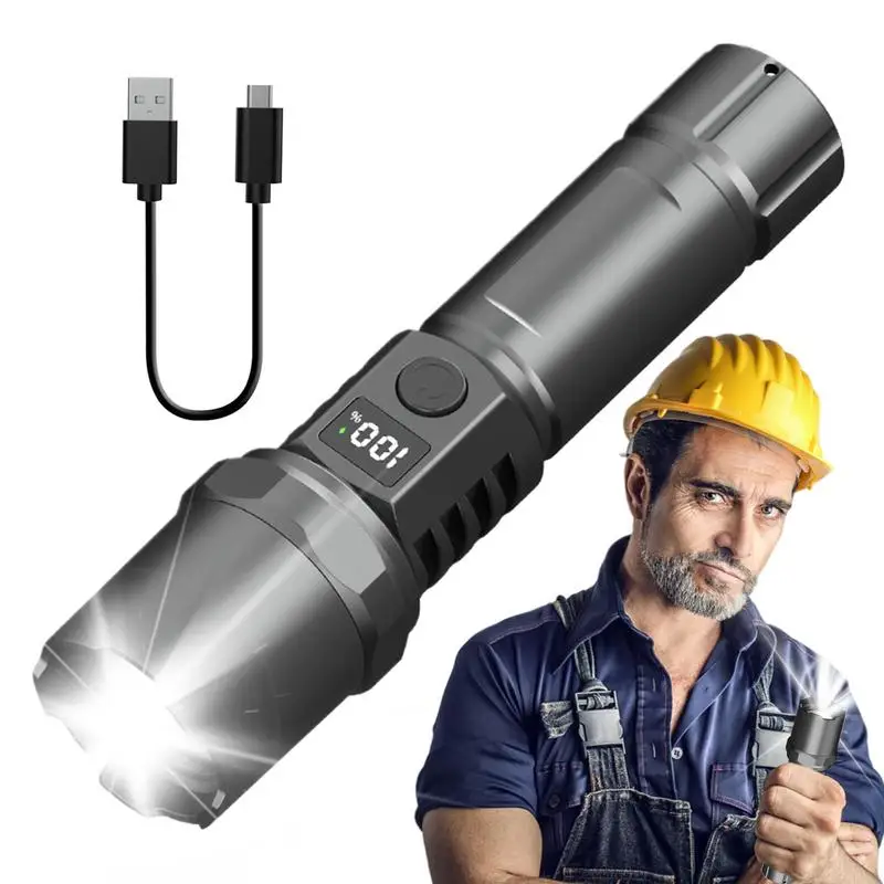 Camping Rechargeable Flashlight LED Flashlight With 3 Modes Powerful Torch Light With Display Portable Flash Light For Camping