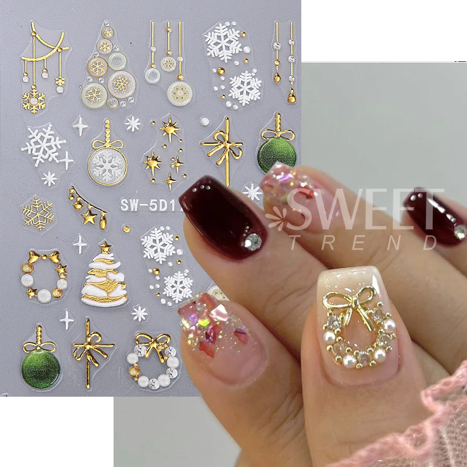 Autocollants pour ongles de noël en relief 5D, or brillant, arbre de noël, décalcomanies pour Nail Art, flocons de neige mignons, étoile léopard, décorations de manucure