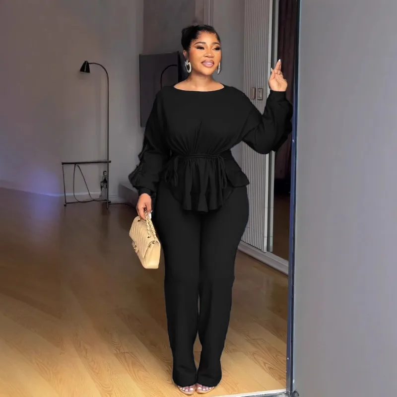

2025 Autumn Women Solid Casual 2 Piece Set Ruffles O Neck Long Sleeve Drawstring Waist Top + Straight Pants Slim Streetwear Suit