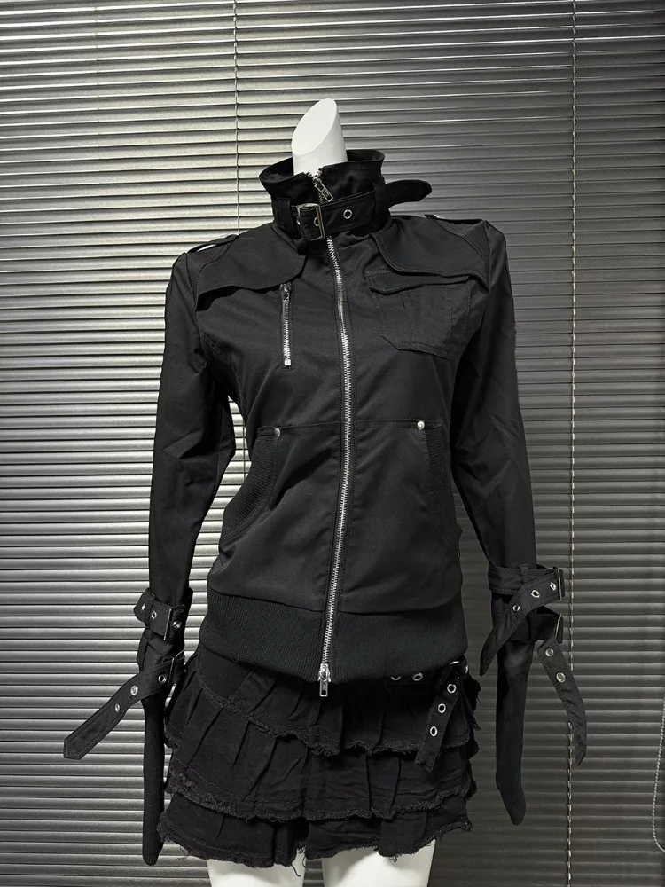 Y2K Retro Stand Collar Strap Jacket High Street Slim Fit Long Sleeve Outerwear Punk Gothic Bandage Streetewear Overcoat Fashion