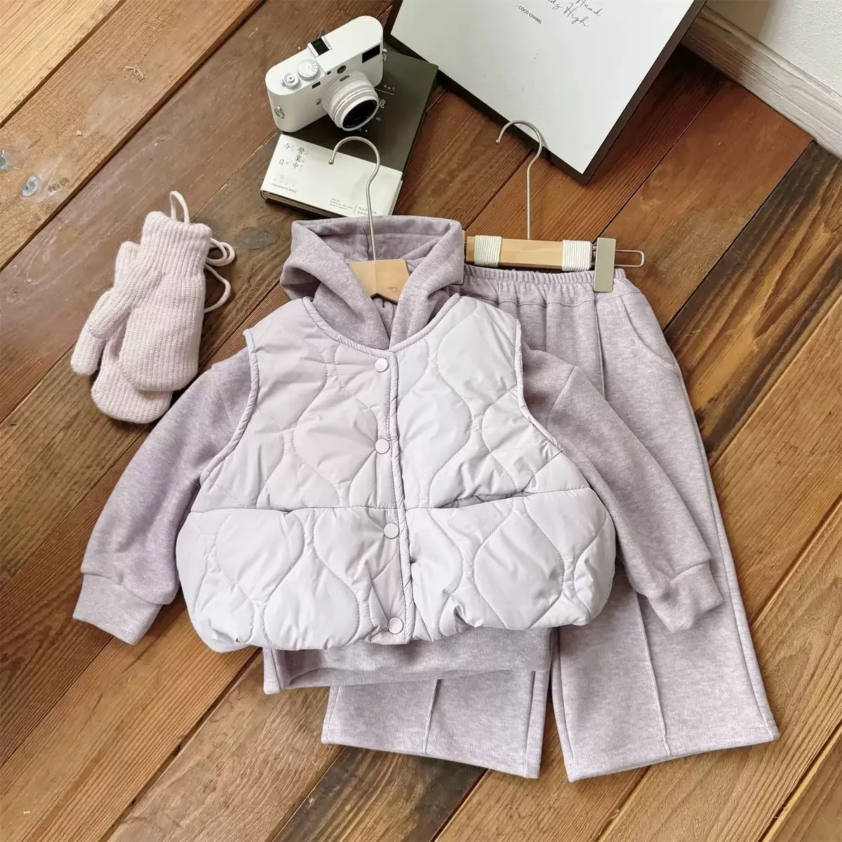 Children Velvet Hoodie Set 2025 Autumn Winter Clothes for Girls Cotton Thickened Vest Gloves Four Piece Set