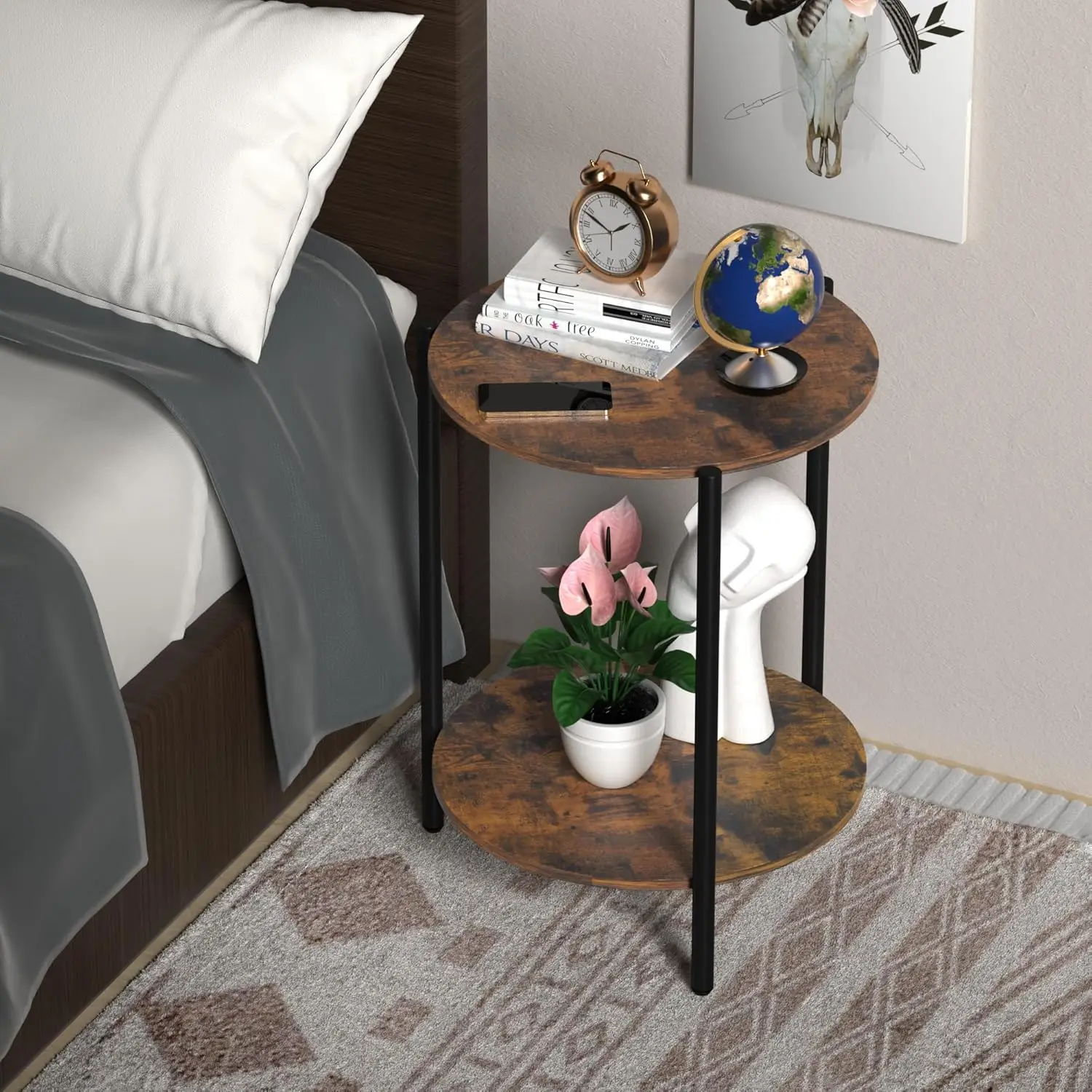 

Круглый приставной столик, 2-уровневые круглые торцевые столики с деревянными столами для хранения вещей в деревенском стиле 15,75 дюйма, небольшие торцевые столики, приставной столик для фермерского дома для жизни