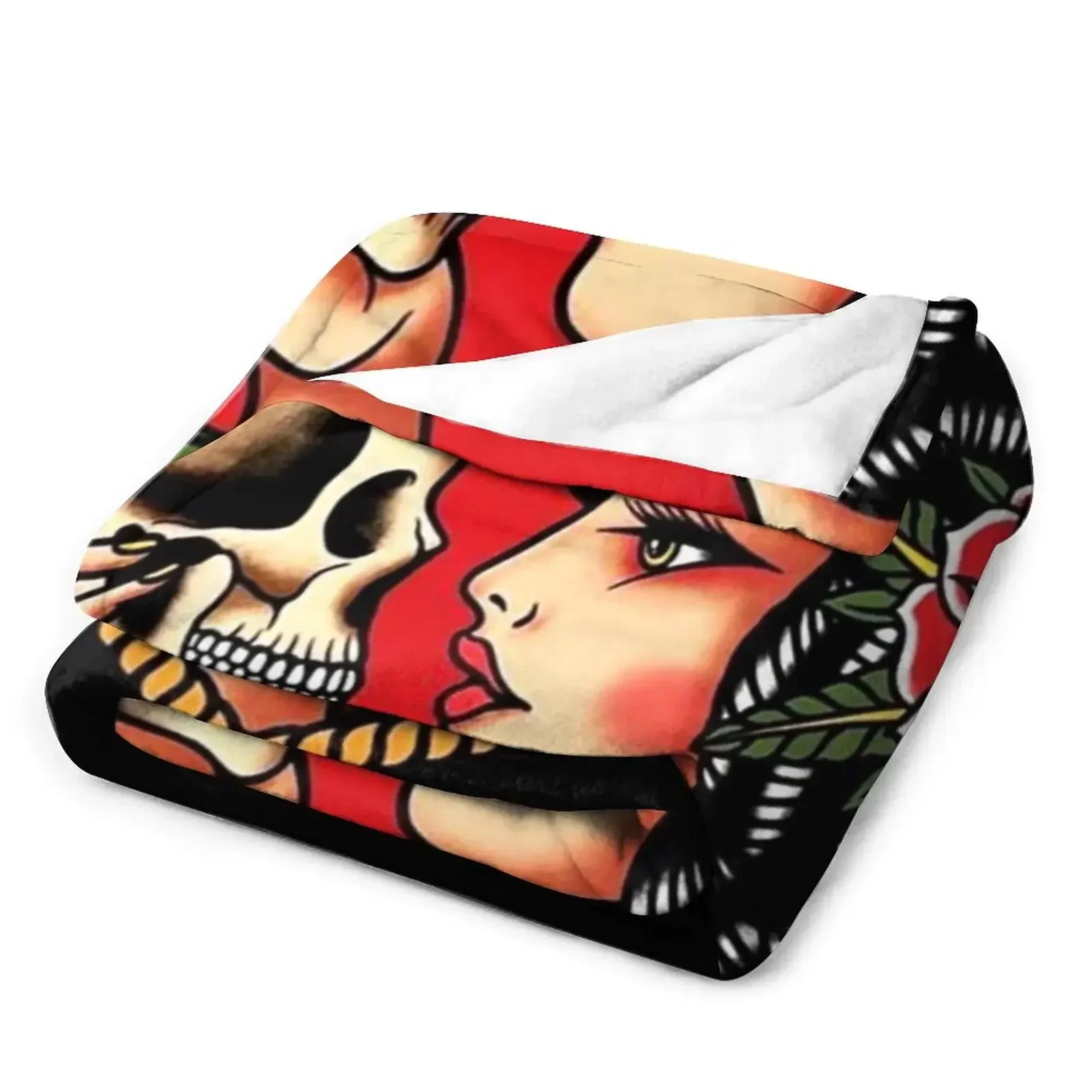 Traditional Beautiful Flapper in Heart Holding Skull Tattoo Throw Blanket for babies manga Bed Decorative Beds Blankets