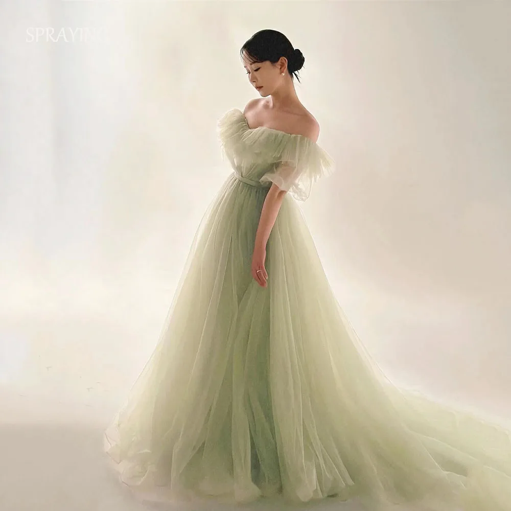 

SPRAYING Green Tulle A line Long Evening Dresses Korea Wedding Photo Shoot V Neck Off Shoulder Party Dress Corset Customized