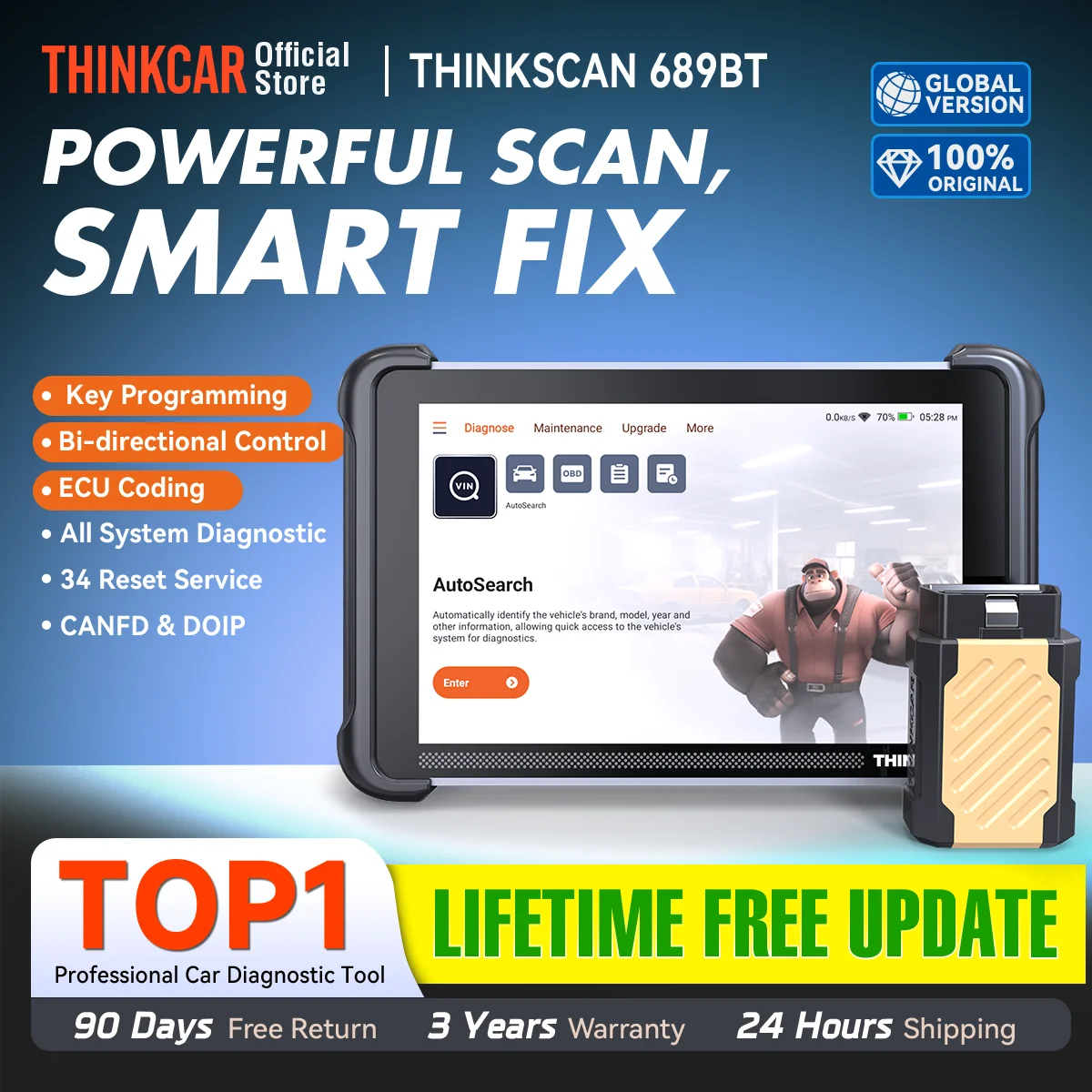 THINKCAR THINKSCAN 689BT Key Programming TKEY 101 Automotive Diagnostic Tool Bi directional Obd2 Scanner ECU Coding CANFD DOIP
