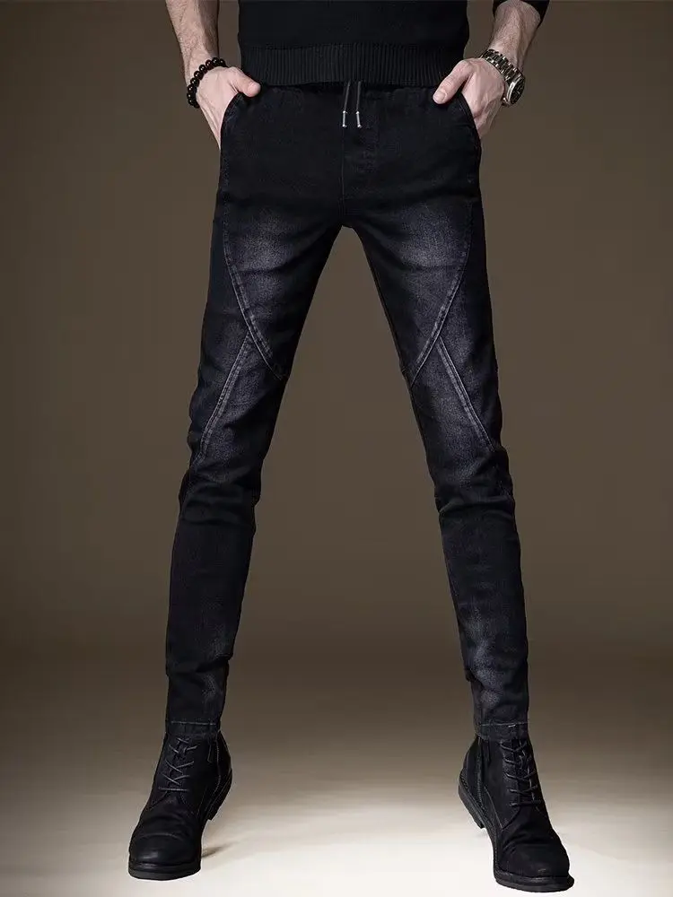 Autumn High-end New Black Slim-fitting Small Feet Trendy Brand Splicing Casual Elastic Black Jeans Men Clothing Pencil Pants
