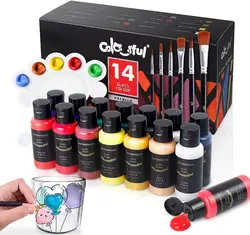 Set di colori in vetro con 6 pennelli, 1 tavolozza, Kit di pittura permanente impermeabile a 14 colori per bambini alle arti su vino, bicchieri, bottiglia, finestra