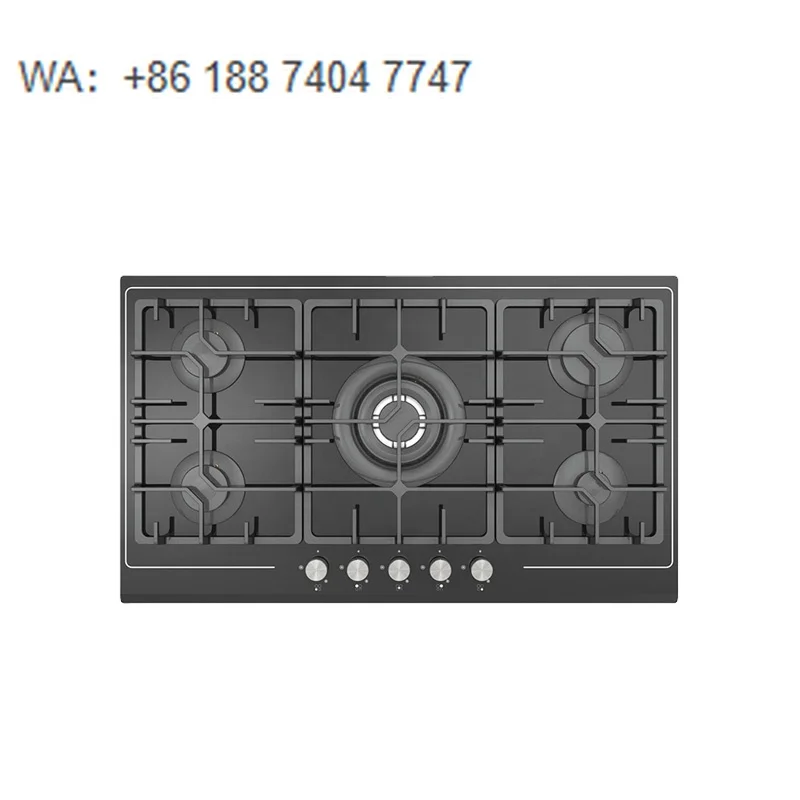 5 Burners Built-in Gas Hob, Modern Black Tempered Glass Cooking Surface with Individual Control Knobs