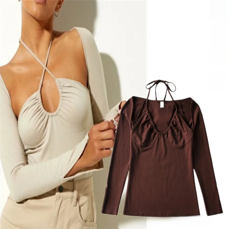 

Sexy Pure Color Long Sve T-irt Neline Knot Design Slim Fit Bodycon Top for Young Women Street Sle Casual Wear