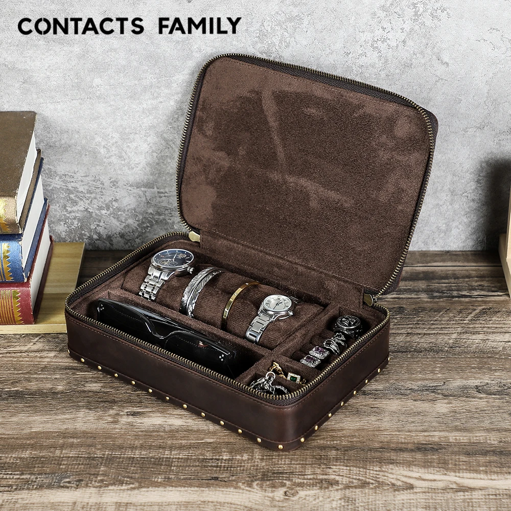 Vintage Top Grain Leather Watch Travel Case Handmade Jewelry Box Organizer for Sunglasses Rings Necklaces Cufflinks Bracelets