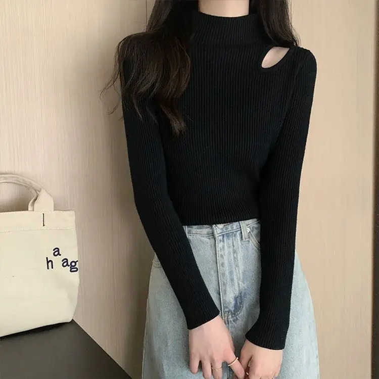 Thiened f High Collar Sweater Women's Base irt oulder Exposure Hollow Design Autumn Winter New Sle Faionable Top