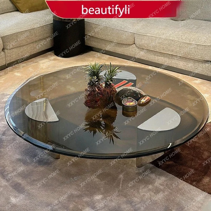 

L​​Floating Minimalist Round Tempered Glass Coffee Table Small Space Luxury Modern Coffee Furniture Teapoy