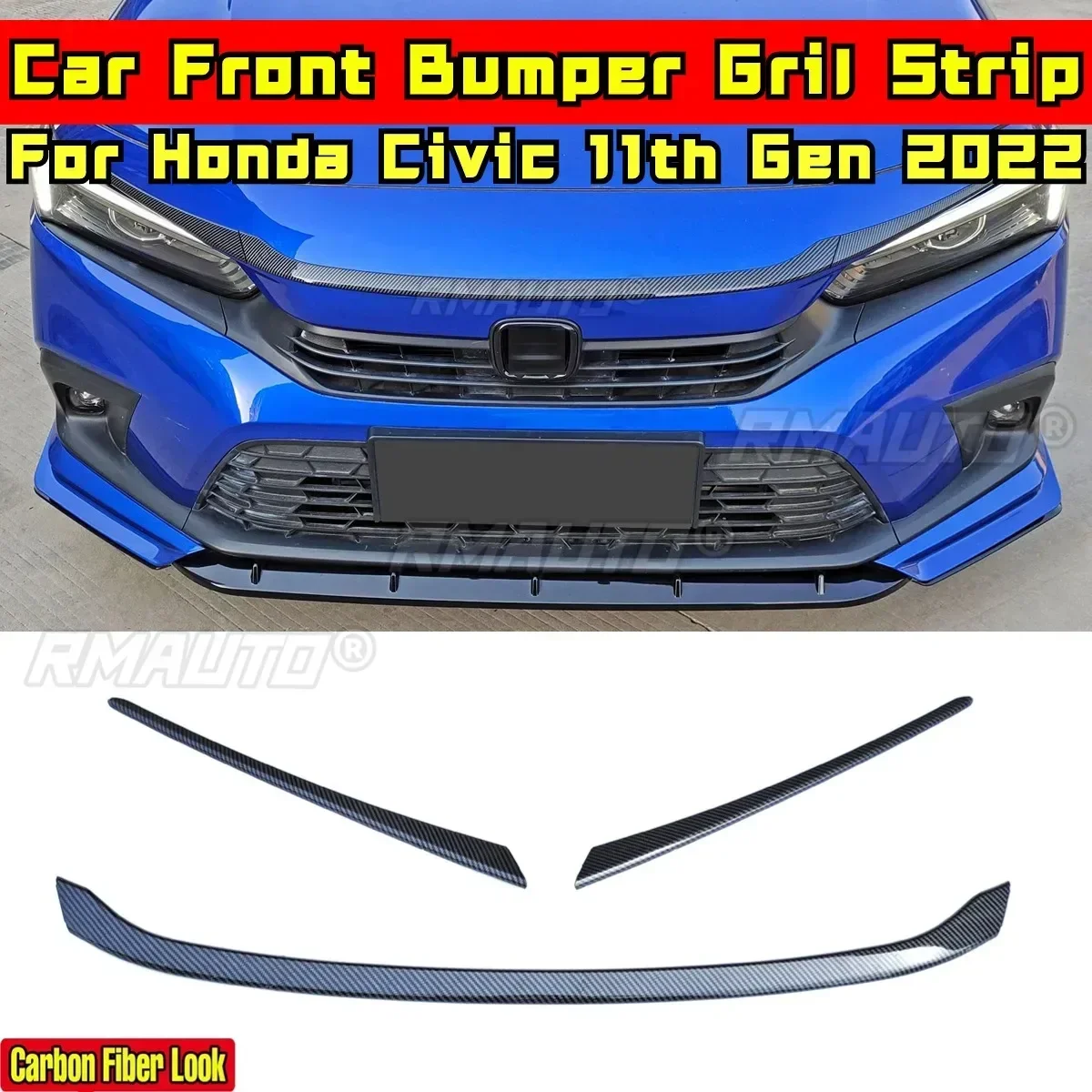 

Bumper Grill Strip Trim For Honda Civic 11th Gen 2022 Exterior Part Carbon Fiber Look Sport Style Front Grill Car Accessories