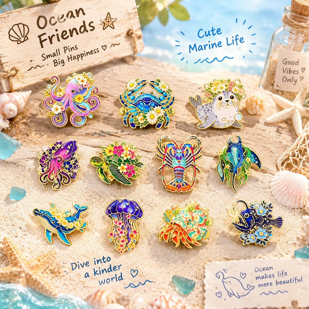 Ocean Animal Flower Enamel Pins Colorful Octopus Crab Seal Turtle Lobster Manta Ray Whale Lapel Badge Metal Brooch Backpack