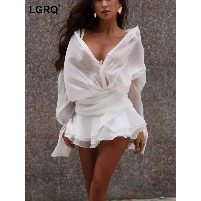 

LGRQ 2025 Summer Fashion Turn-down Collar Full Sleeves See Throw Single Breasted Ruffles Mini Length Dress Female Vestido