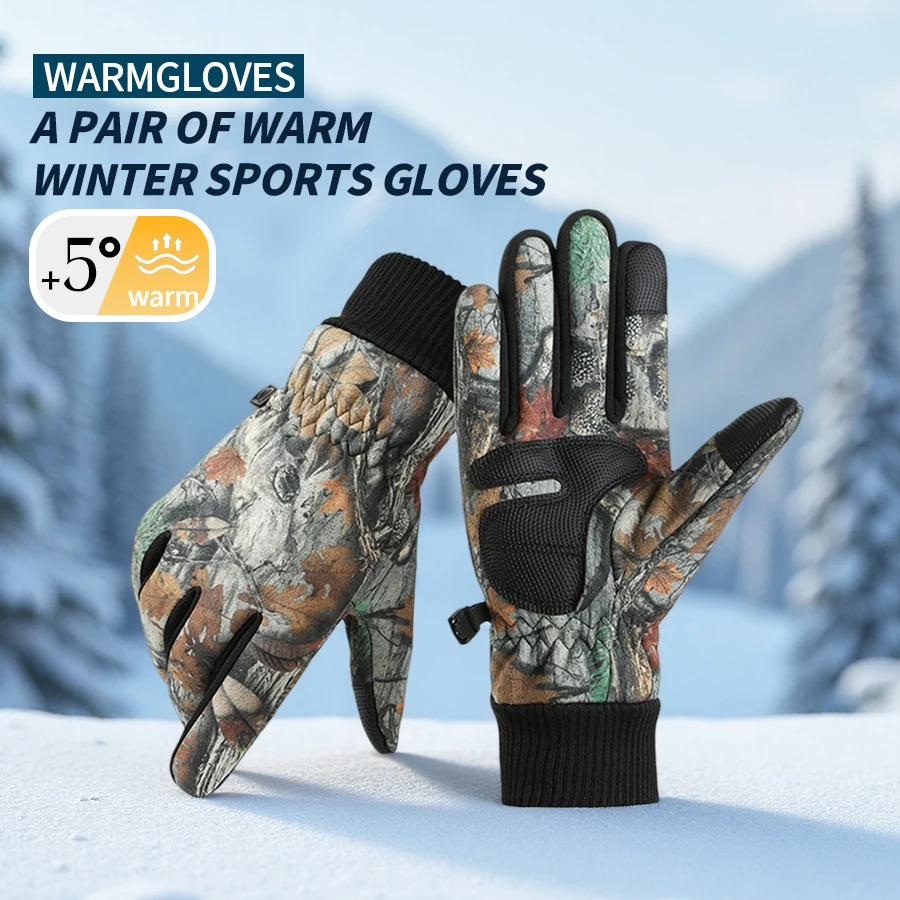 Winter-Skihandschuhe für Herren, dick und warm, wasserabweisend, Touchscreen, Radfahren im Freien, Sport-Camouflage-Baumwollhandschuhe
