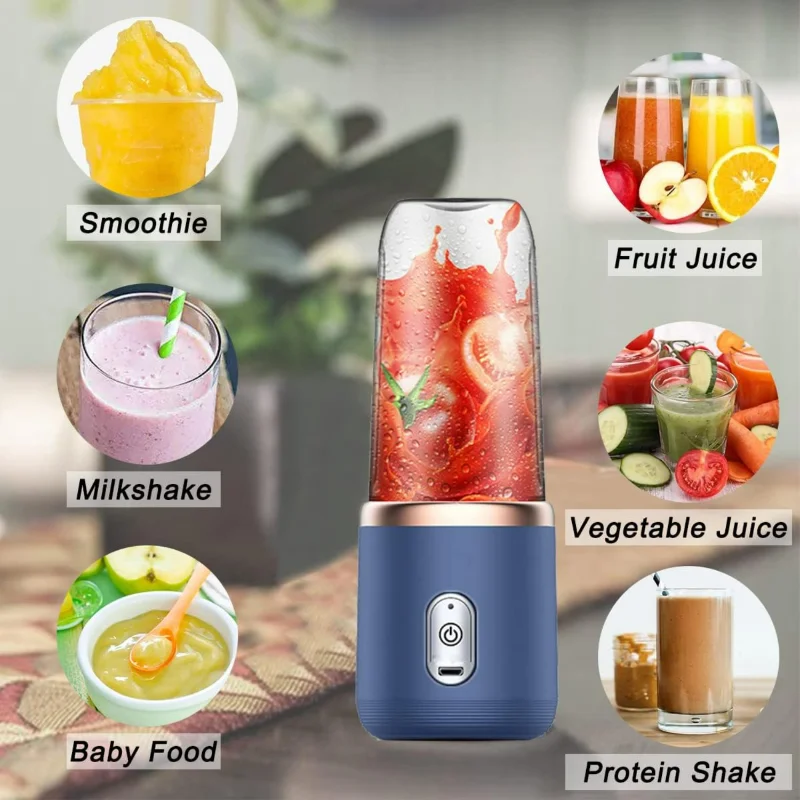 Frullatore personale compatto mini blu portatile ricaricabile tramite USB per frullati più crepe e frullati più lisci, con tazza da viaggio da 2 pezzi -