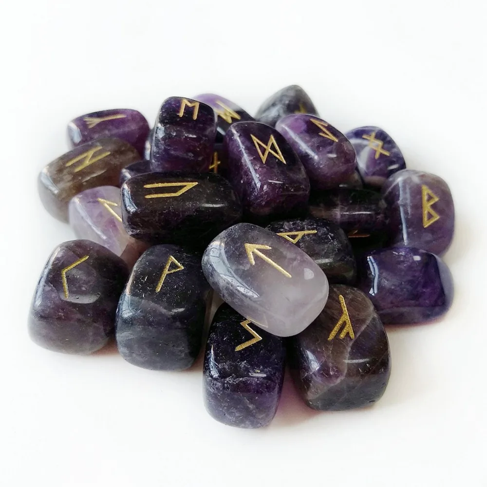 25pcs Natural Purple Amethyst Crystal Tumbled Stones Viking Runes Stones Set Reiki Healing Nordic Amulets Divination Kit