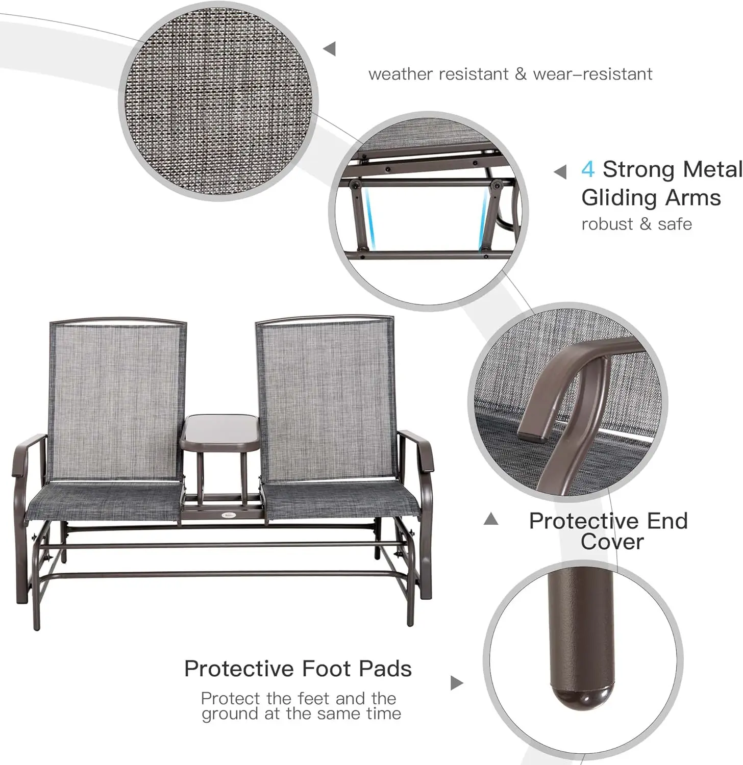 Buiten Zweefvliegtuig Bank Met Middentafel, Metalen Frame Terras Loveseat Met Ademende Mesh Stof En Armleuningen Voor Backyar