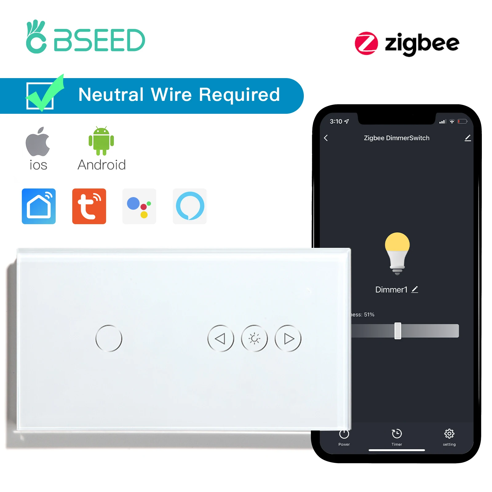 BSEED Besamen ZigBee Dimmer Schalter Tuya App Steuerung Smart Dim mable Serie Weißglas Unterstützung Google Smart Life LED Dimmer Schalter 6