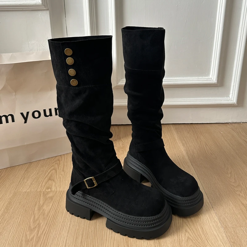 Retro Ruched Leather Long Boots for 2026 Winter, Fashionable and Versatile Style Round Head Platform Thick-soled Women's Boots