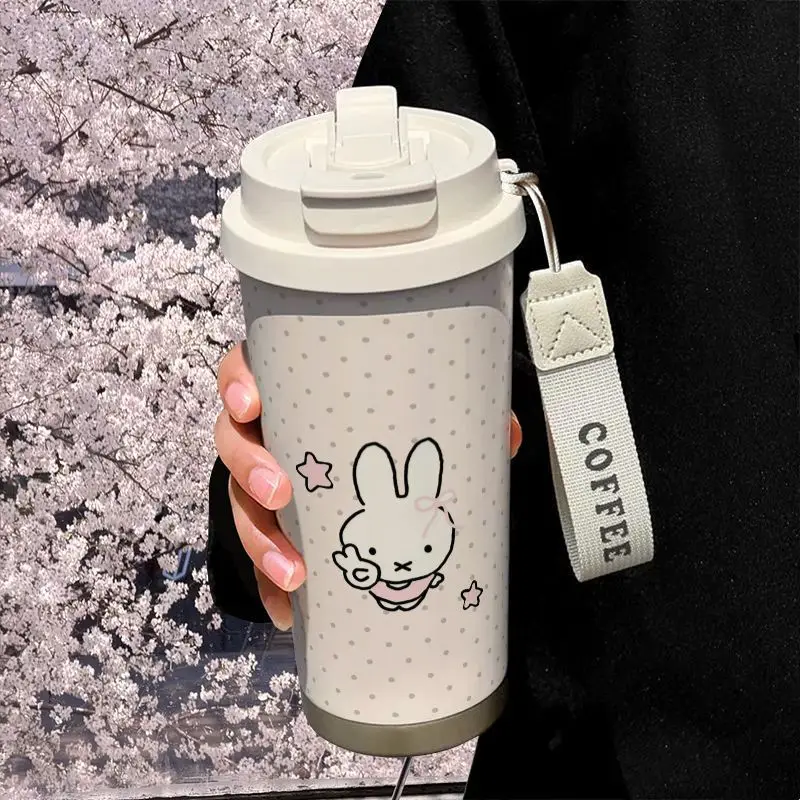 Cartoon Kawaii Miffy New Polka Dots Thermos Cup Stainless Steel Large Capacity Straw Vehicle Mounted Simple with Lid Practical