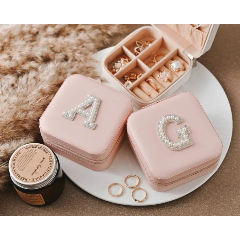 White and Pink Pearl Letter Travel Leather Jewelry Box Small Square Earring Organizer Gift for Her Birthday Wedding Party Gifts