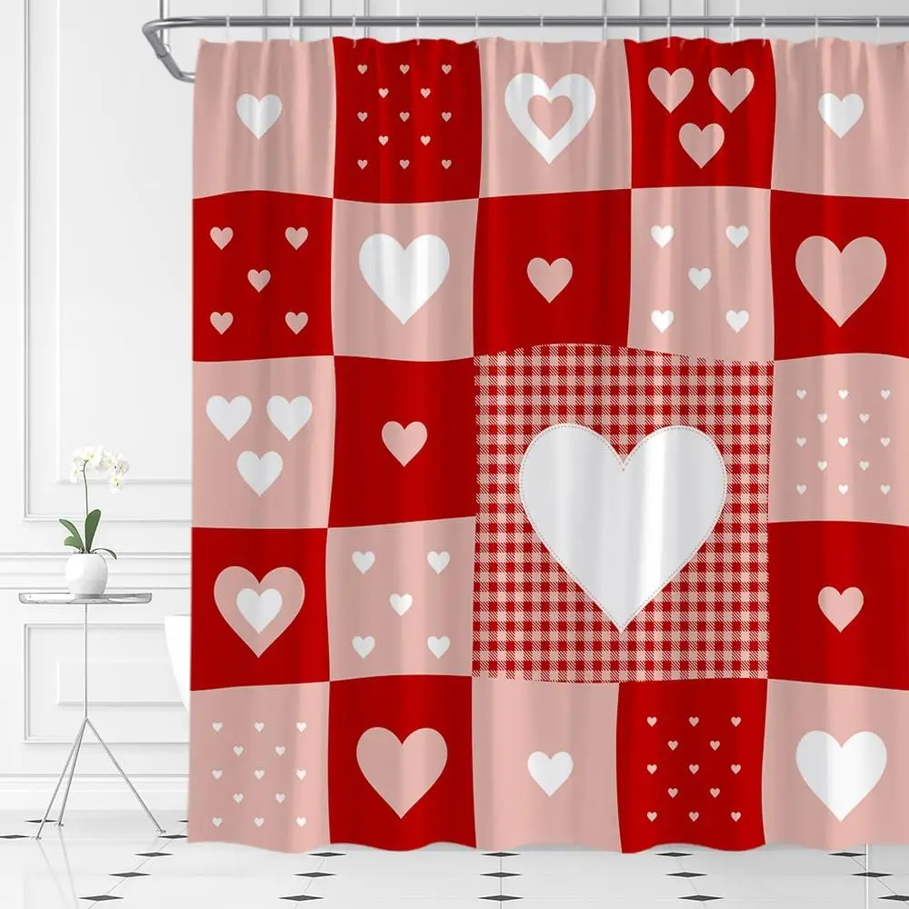Valentine's Day Shower Curtain Buffalo Check Plaid Love Red Hearts Farmhous Romantic Holiday Fabric Bathroom Decor Set Hooks