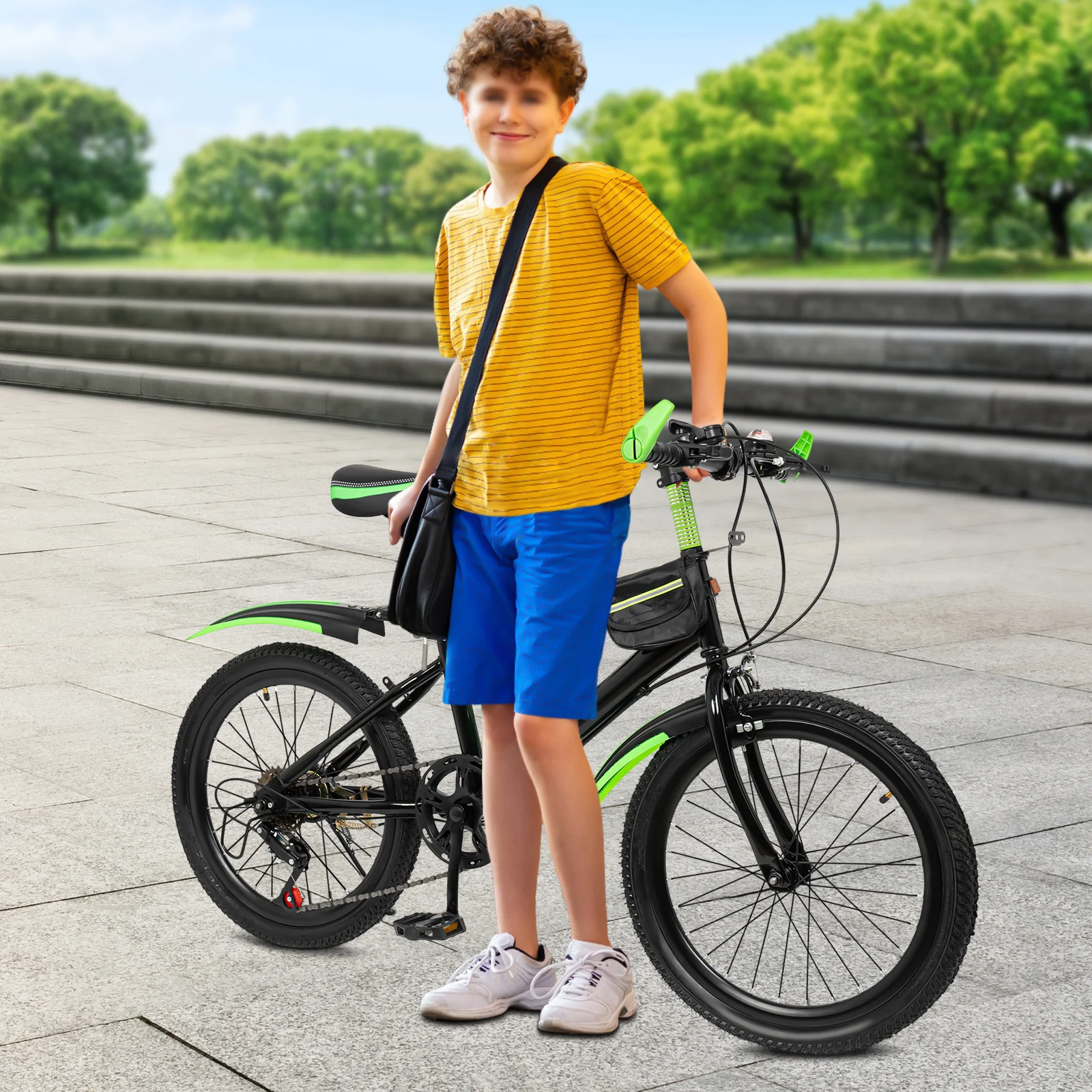 

7-Speed 20" Kids Mountain Bike,City Bike w/Double Disc Brake,High-Carbon Steel Frame, Fashionable Green Mountain Trail Bike