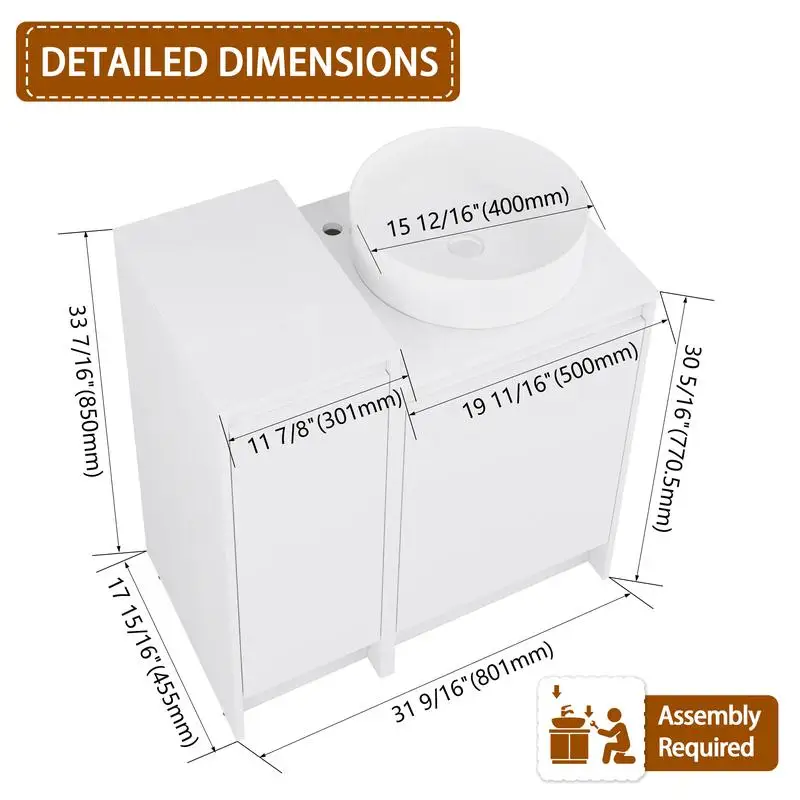 زينة قائمة بذاتها مقاس 32 بوصة مع حوض سيراميك، وخزانة تخزين صغيرة، وأبواب إغلاق ناعمة، ولمسة نهائية بيضاء لامعة، وخشب رقائقي، وتغليف KD