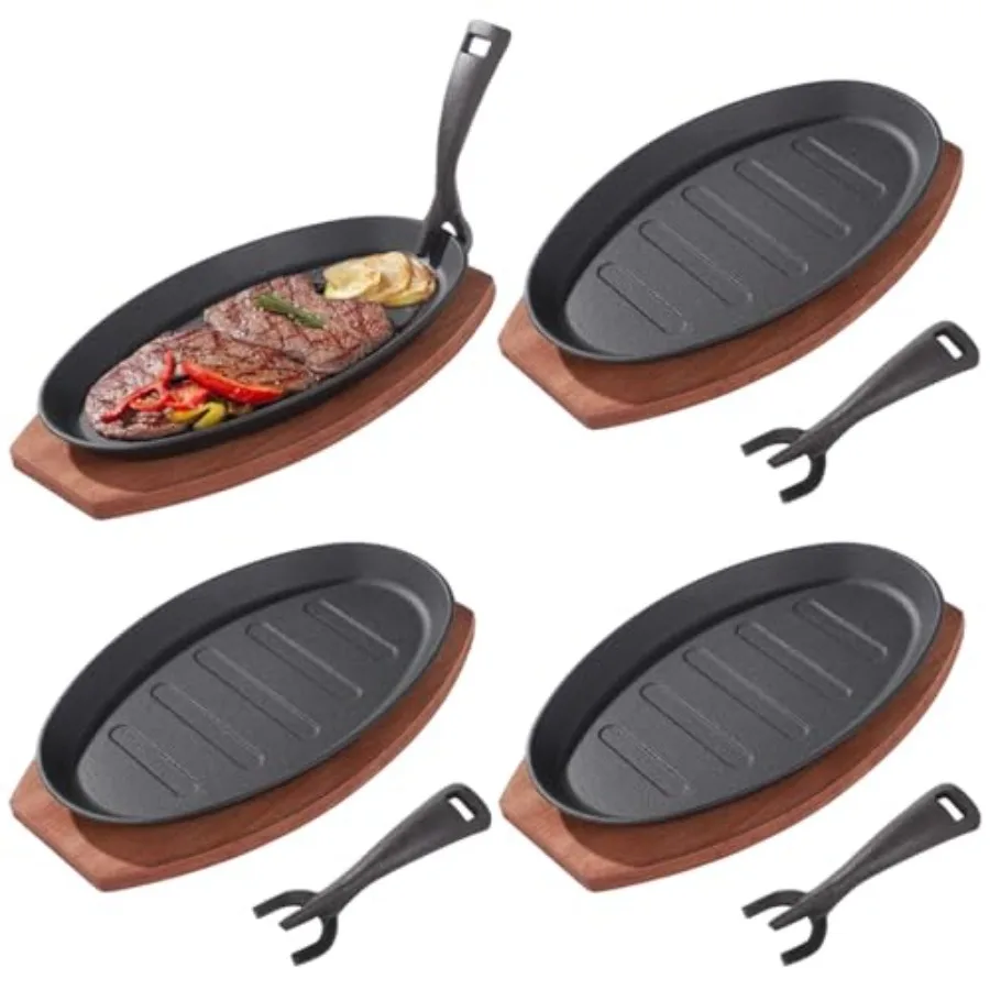 

4 Sets Cast Iron Skillet with Wooden Tray Fajita Skillet with Removable Handle Oval Sizzling Plate for BBQ Oven Stove Serving D