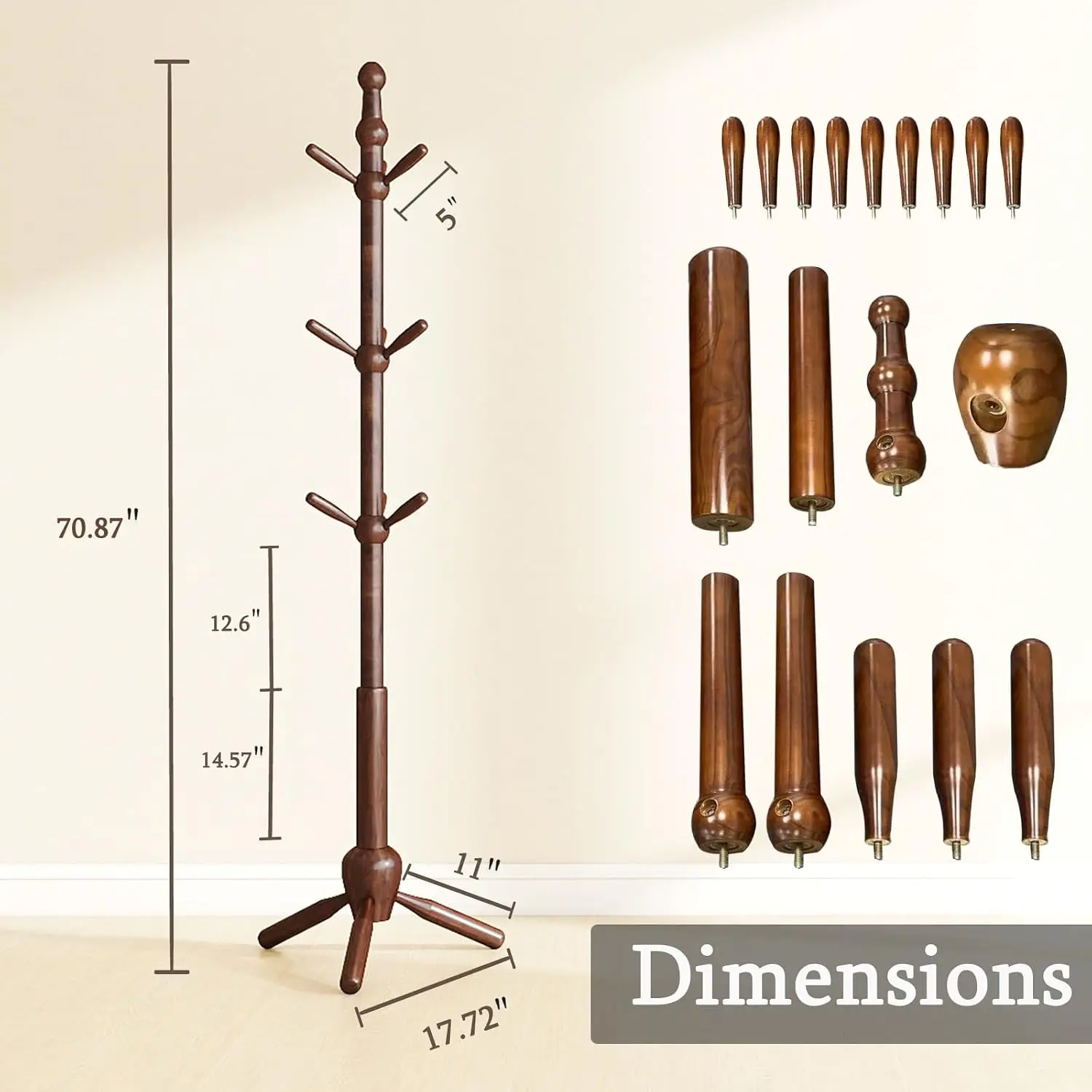Solid Wood Coat Rack Stand, Vintage Heavy Duty Coat Hanger Stand with 9 Hooks, 3 Adjustable Size Sturdy Coat Tree, Customized